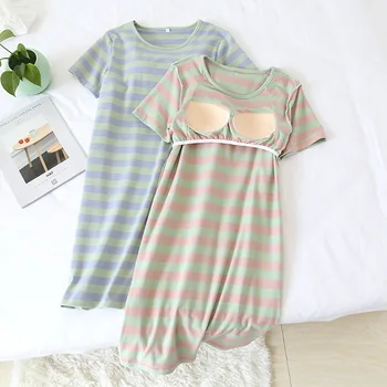 Fdfklak Yaz Çizgili Göğüs Pedi İle Gecelik Pijama Kadın İç Çamaşırı 2020 Yeni Gevşek Uyku Elbise Nighty gece elbisesi