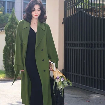 Fransız Vintage Yün Ceket Kadın Yeşil Takım Elbise Yaka Kruvaze Palto Sonbahar Kış Moda Büyük Boy İnce Uzun Yün Ceket