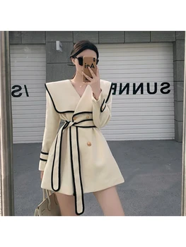 Moda Ofis Bayan Kemer Kore Sarıcı Dropshipping Kadın Giyim Zarif Fransız Kış Kalın Sıcak Uzun Palto