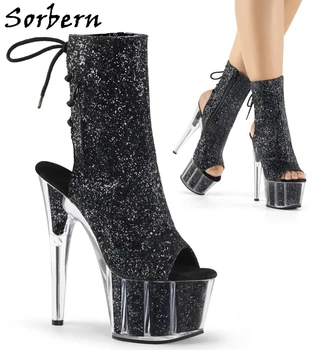 Sorbern Siyah Sequins Glitter Kadın Çizmeler Peep Toe Ayakkabı Lace Up Geri 15 Cm Aşırı Yüksek Topuk platform patik Striptizci Topuklu
