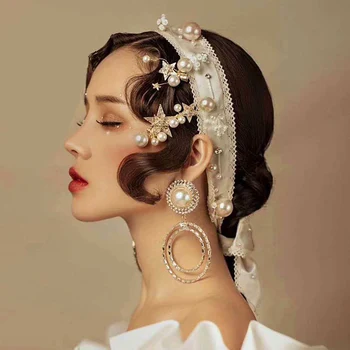 7 adet set Moda Kore Gelin başlığı Düğün Kafa tokalarım küpe takım elbise saç aksesuarları El Yapımı Yıldız saç bandı
