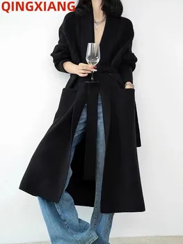 Avrupa Kadınlar Kış Kalın Sıcak Rüzgarlık Açık Pelerin Çizgili Tilki Kürk Örme Uzun Palto Püskül Gevşek Panço Siper