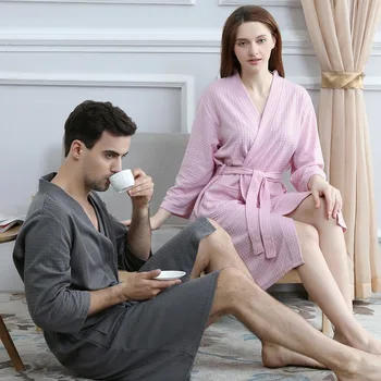 Bornoz Erkek Kadın Yetişkin Ter emici Havlu Pijama Çift Yaz Seksi Waffle Kimono Katı Örme Pijama Serin Rahat
