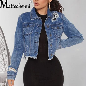 Mavi Kırpılmış Denim Ceketler Kadın 2021 Uzun Kollu Düğme Cepler İle Vintage Ceket Sonbahar Kış Streetwear Yırtık Jean Dış Giyim