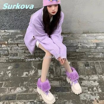 Mor Kürk yarım çizmeler Yuvarlak Ayak Lace Up Platformu Yüksek Topuklu Karışık Renkler Kar Patik Moda Rahat Kadın Ayakkabı Tasarımcısı