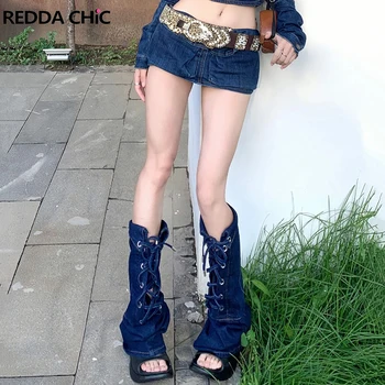 ReddaChıc Uyluk yüksek Lace Up Denim Bacak ısıtıcıları Koyu Mavi Bandaj Çizmeler Kapak Grayu Harajuku kadın Körüğü Grunge Y2k Streetwear