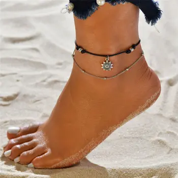 Vintage Çoklu Katmanlar Halhal Kadınlar için SİYAH Güneş kolye uçları Halat Zincir Plaj Yaz Ayak Bileği Bilezik Takı