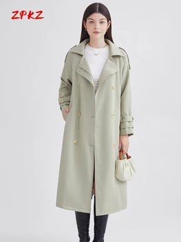 ZPKZ Kruvaze Kadın Trençkot Ceket Yeni Sonbahar Moda Fasulye Yeşil Premium Sense Orta Uzunlukta Uzun Kollu Kadın Ceket
